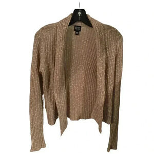 EILEEN FISHER Cardigan SP Cotton Linen Ribbed Slub Open Front Long Sleeve Beige